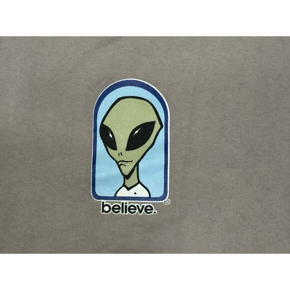 Vintage Alien Workshop Shirt Mens Large 90s Skate Believe Skateboarding Tan Gray - Picture 2 of 5